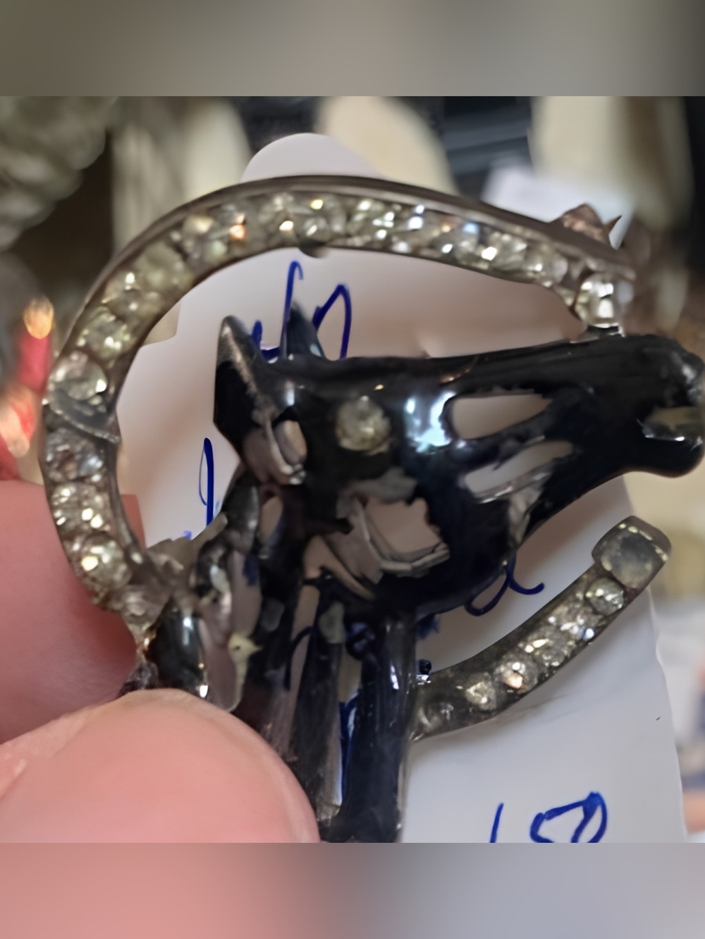 Black Rhinestone Horse Brooch Pin Silver Vintage Western Country Horseshoe